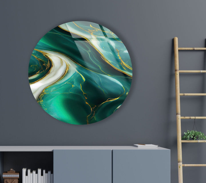 Abstract Round Green & White Glass Wall Art glass pictures for Wall, glass prints wall art
