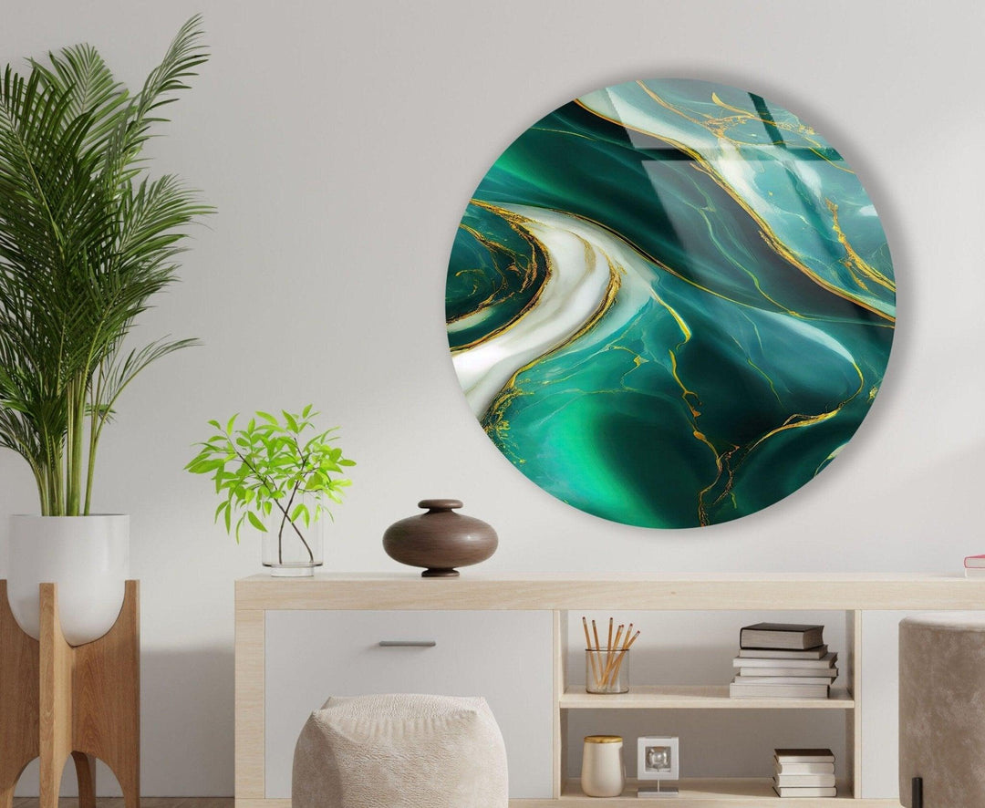 Abstract Round Green & White Glass Wall Art custom glass pictures, glass art prints
