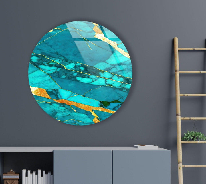 Abstract Round Light Blue & Gold Glass Wall Art glass pictures for Wall, glass prints wall art
