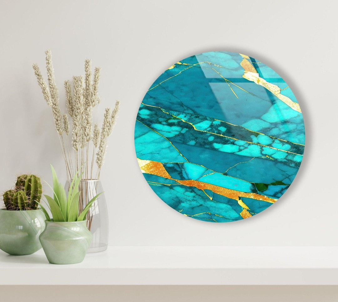 Abstract Round Light Blue & Gold Glass Wall Art glass image printing, glass prints from photos
