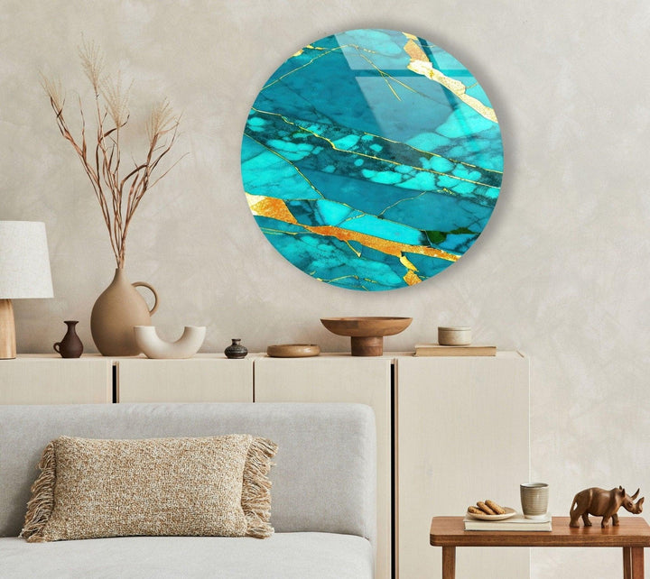 Abstract Round Light Blue & Gold Glass Wall Art glass wall decor, glass wall art decor
