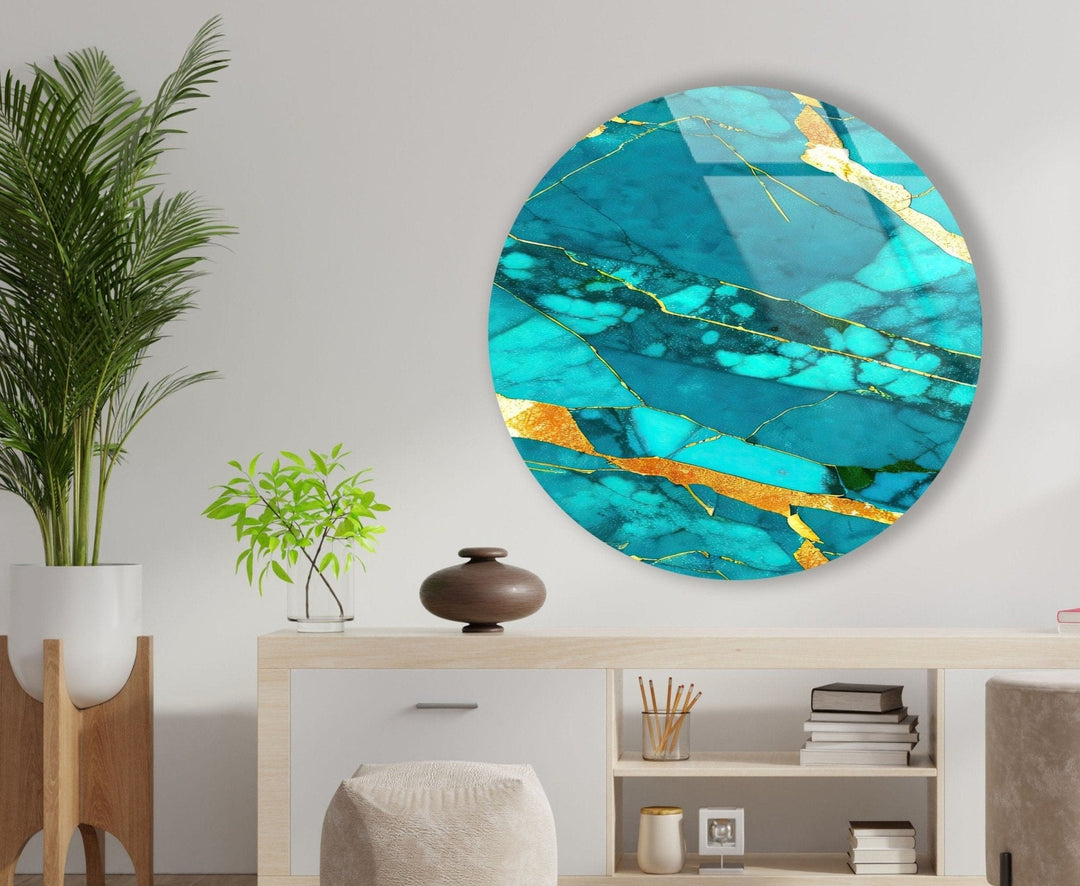 Abstract Round Light Blue & Gold Glass Wall Art glass art painting, glass art for the Wall
