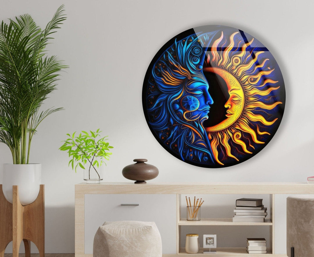 Abstract Round Moon & Sun Glass Wall Art picture on glass wall art, photos printed on glass
