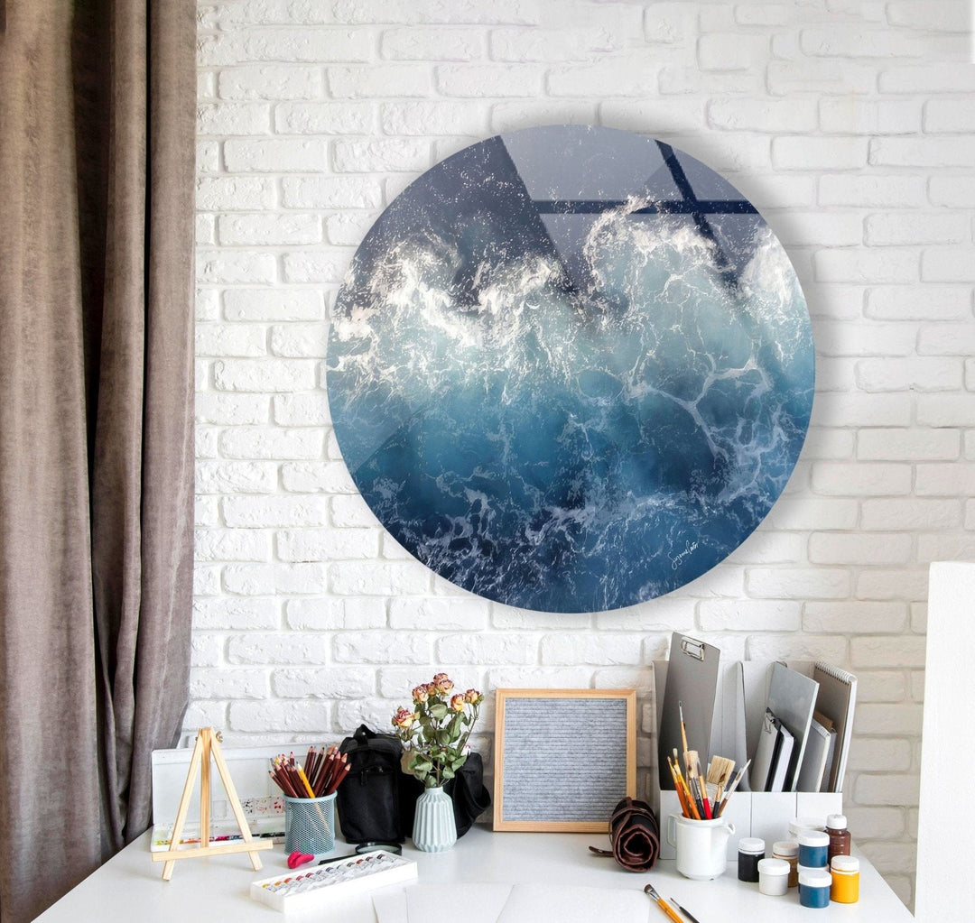 Abstract Round Ocean Waves Glass Wall Art custom glass photo prints, large glass prints
