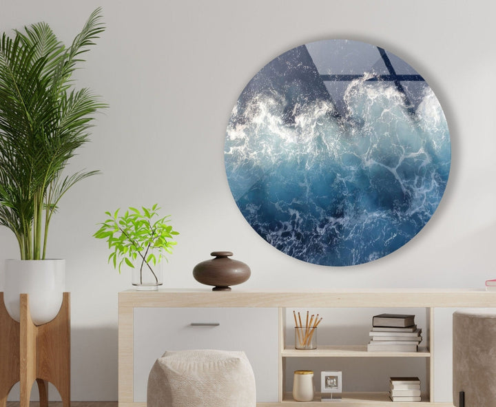 Abstract Round Ocean Waves Glass Wall Art print picture on glass, Tempered Glass Wall Art
