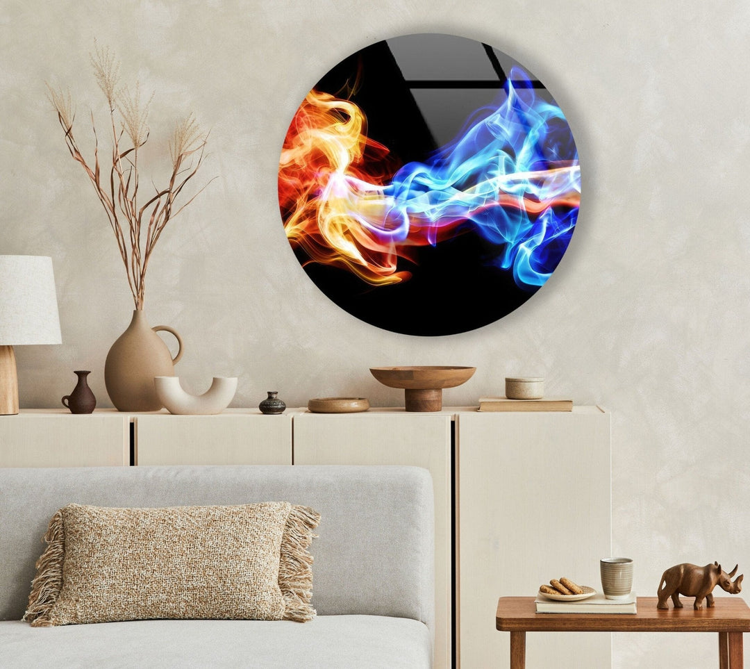 Abstract Round Orange & Blue Glass Wall Art custom glass pictures, glass art prints
