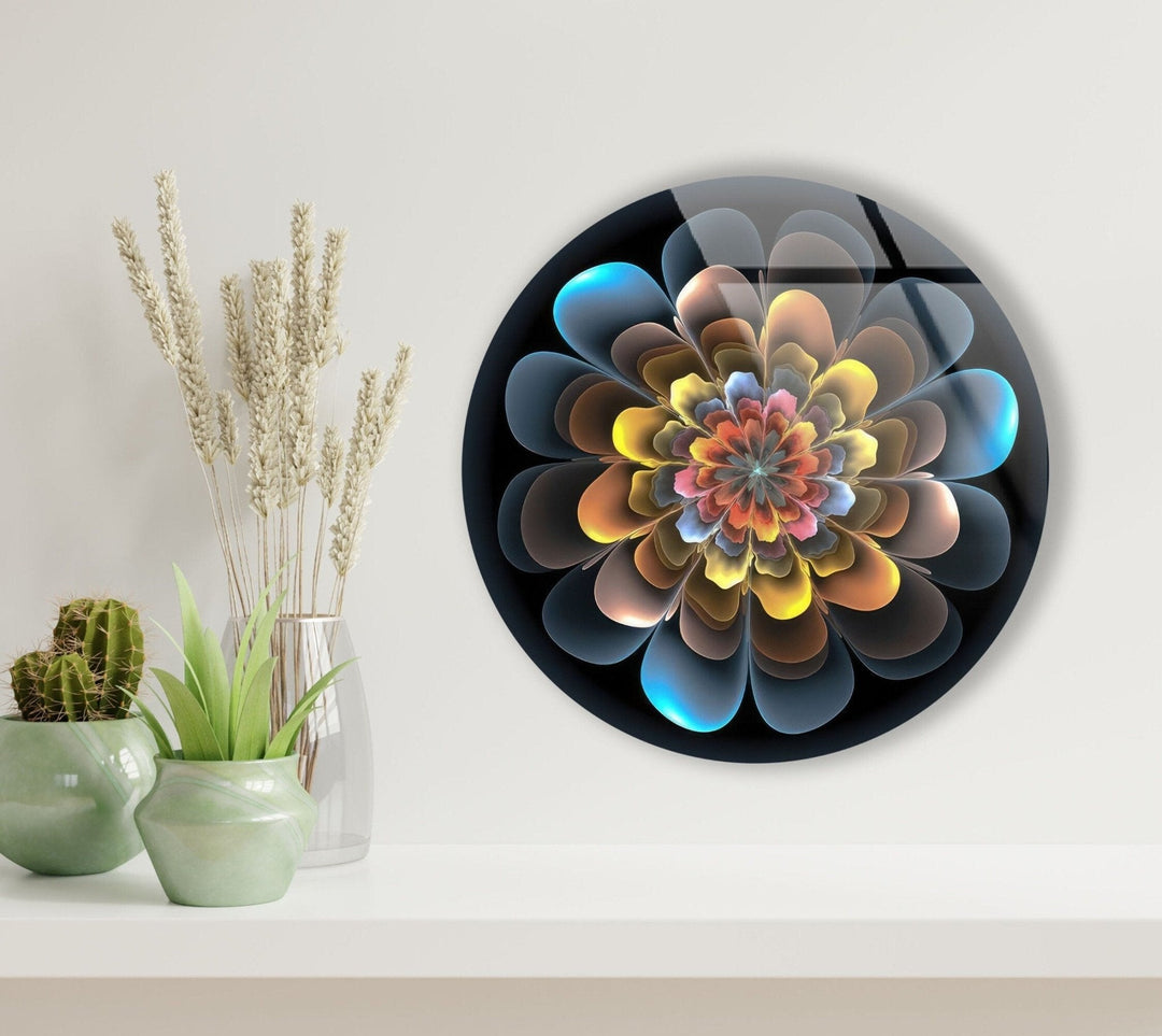 Abstract Round Yellow & Blue Glass Wall Art photo print on glass, prints on glass wall art
