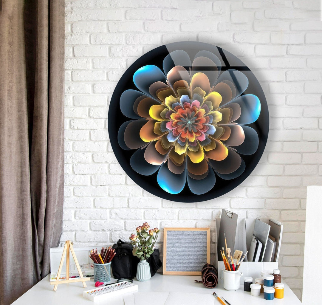 Abstract Round Yellow & Blue Glass Wall Art custom glass pictures, glass art prints
