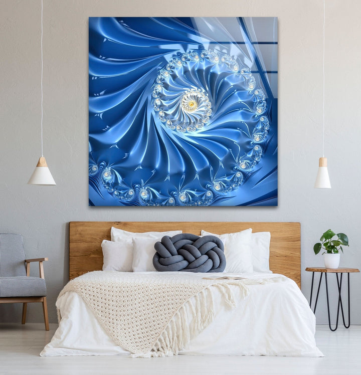 a bed with a white comforter and a blue painting on the wall