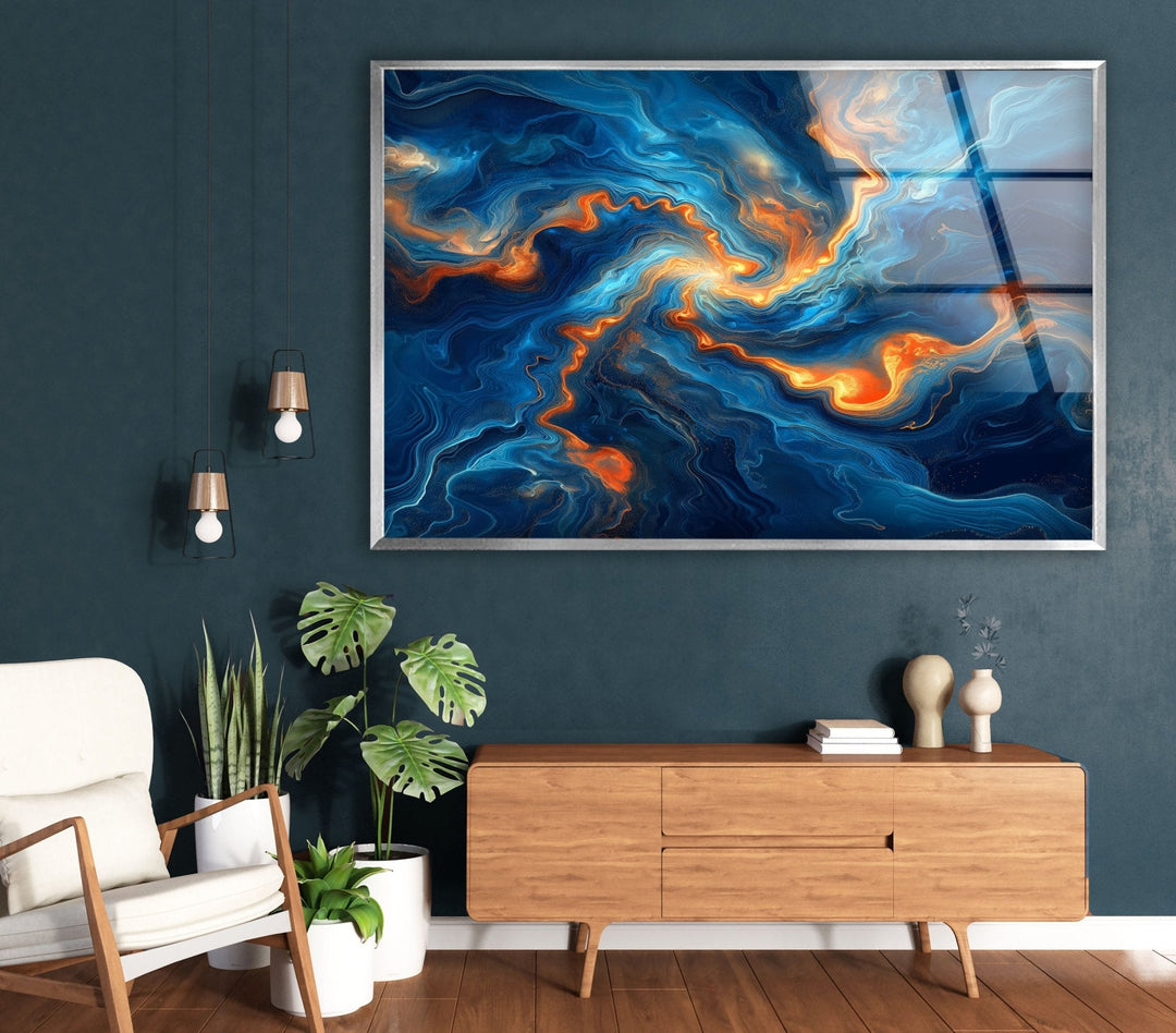 Abstract Swirling Blue and Orange Glass Wall Art photo print on glass, prints on glass wall art