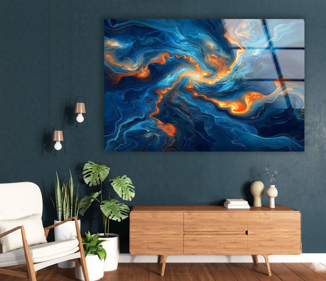 Abstract Swirling Blue and Orange Glass Wall Art large glass photo prints, glass wall photos