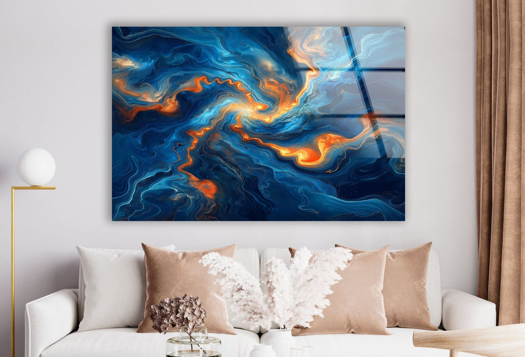 Abstract Swirling Blue and Orange Glass Wall Art Glass Printing Wall Art, Print photos on glass