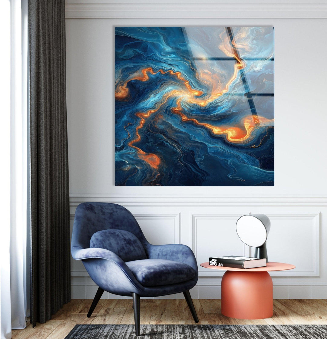 Abstract Swirling Blue and Orange Glass Wall Art glass photo prints, glass picture prints