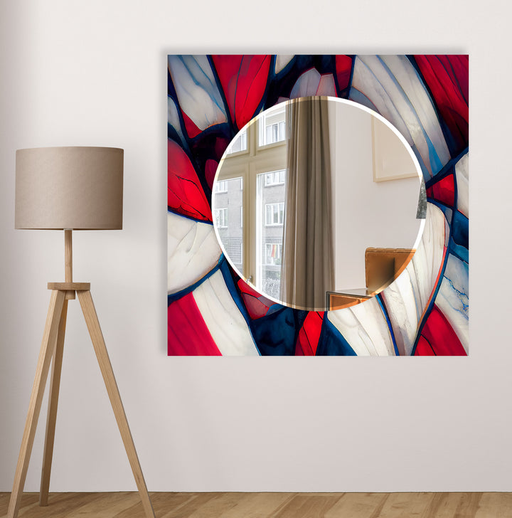 Stained Red & White Round Wall Mirror biggest wall mirror
