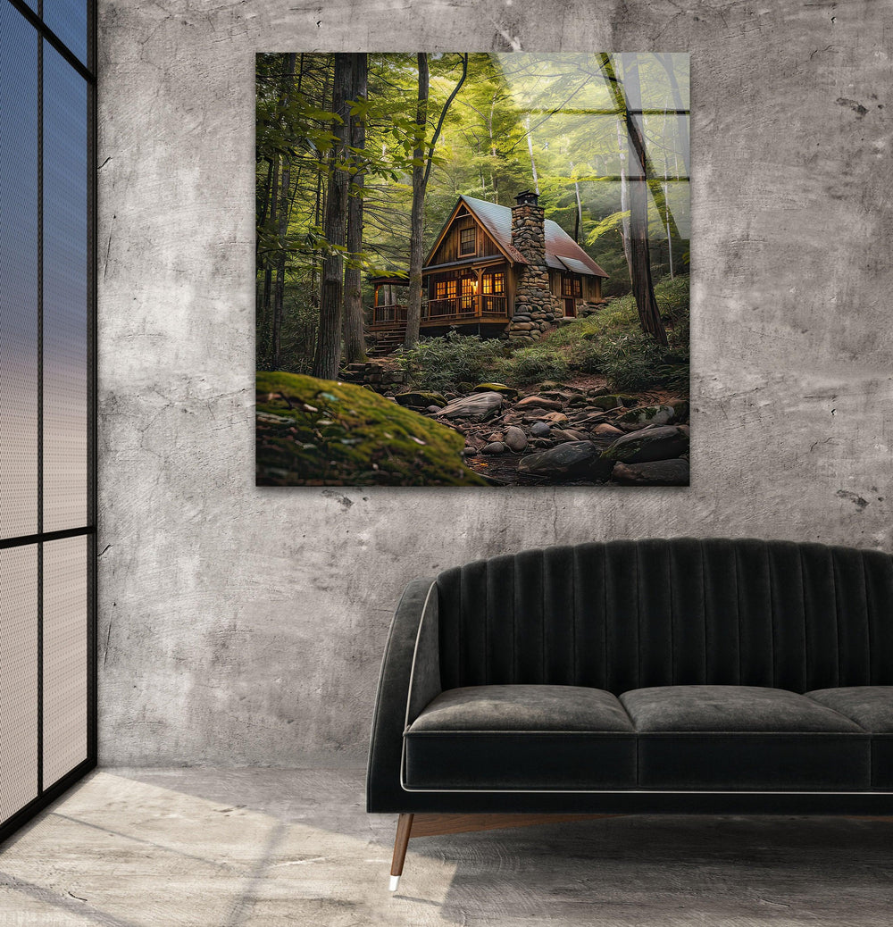 Green Forest House Landscape Glass Wall Art print picture on glass, Tempered Glass Wall Art
