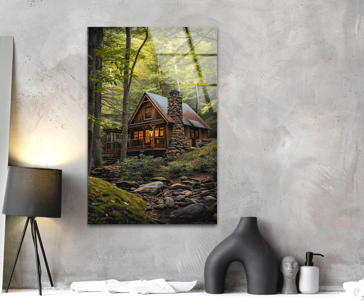 Green Forest House Landscape Glass Wall Art Glass Printing Wall Art, Print photos on glass
