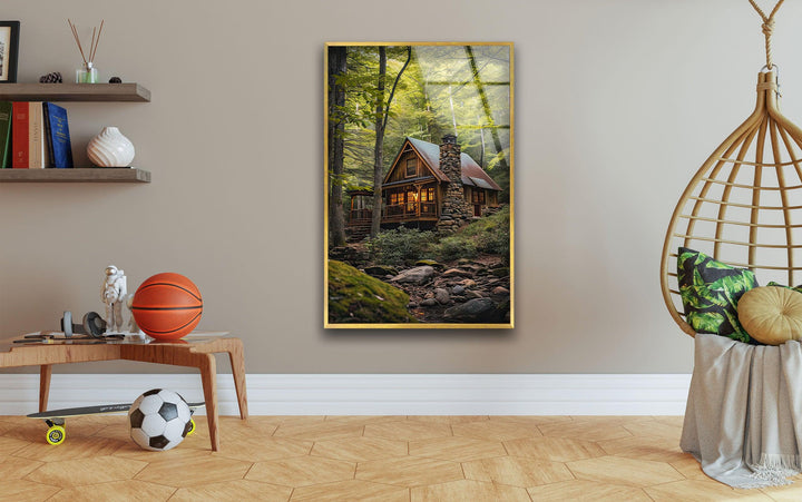 Green Forest House Landscape Glass Wall Art glass photo prints, glass picture prints
