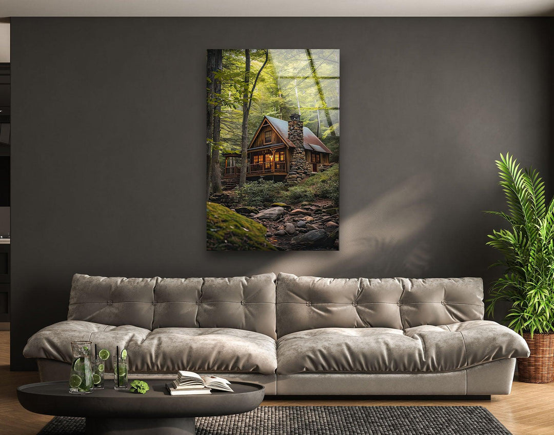 Green Forest House Landscape Glass Wall Art glass image printing, glass prints from photos
