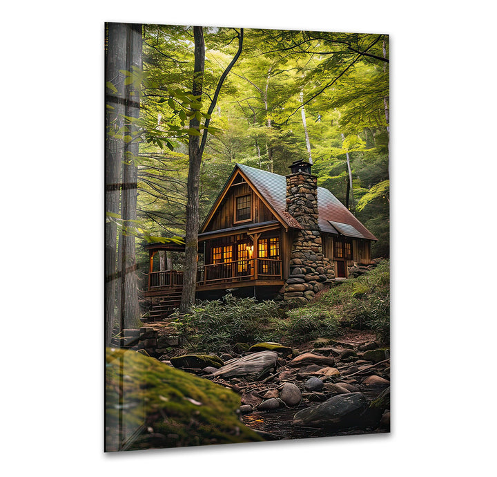 Green Forest House Landscape Glass Wall Art glass pictures for Wall, glass prints wall art
