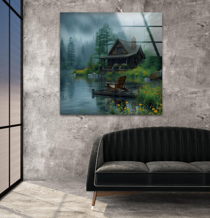 Green Forest House Landscape Glass Wall Art large glass photo prints, glass wall photos
