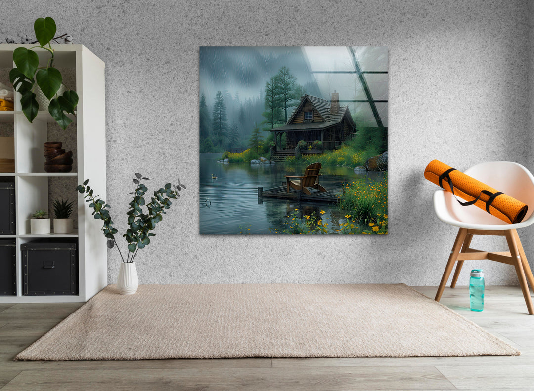 Green Forest House Landscape Glass Wall Art custom glass photo prints, large glass prints
