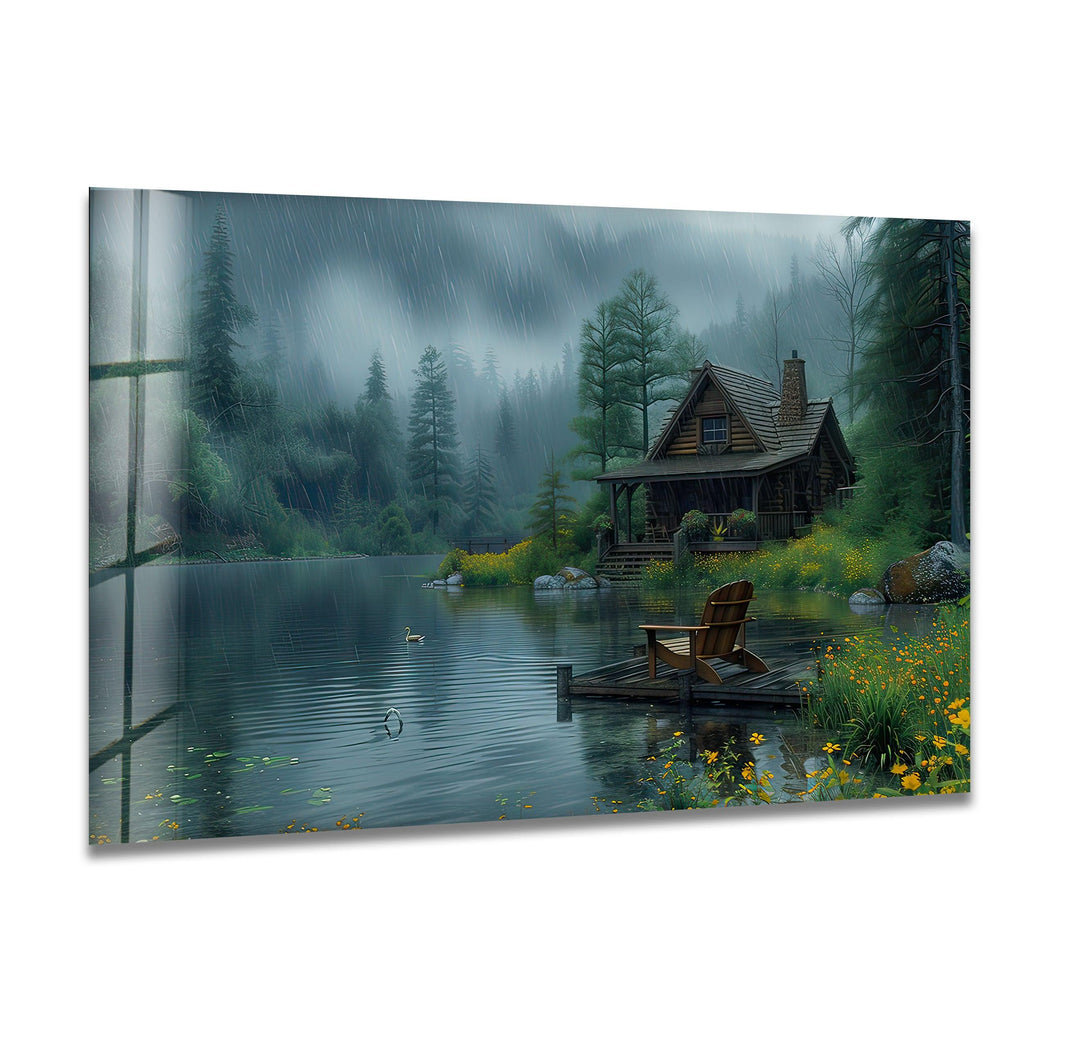 Rainy Forest House Glass Wall Art custom glass pictures, glass art prints
