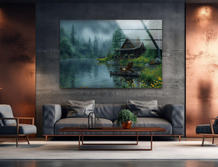 Green Forest House Landscape Glass Wall Art print picture on glass, Tempered Glass Wall Art
