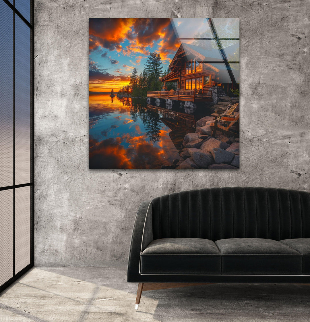 Sunset Landscape Forest House photo print on glass, prints on glass wall art
