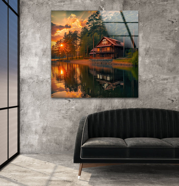 Sunset House Landscape Glass Wall Art custom glass photo prints, large glass prints
