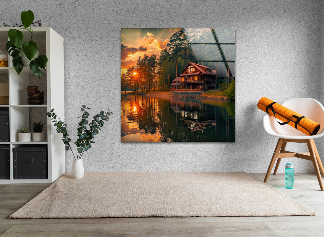 Sunset House Landscape Glass Wall Art picture on glass wall art, photos printed on glass
