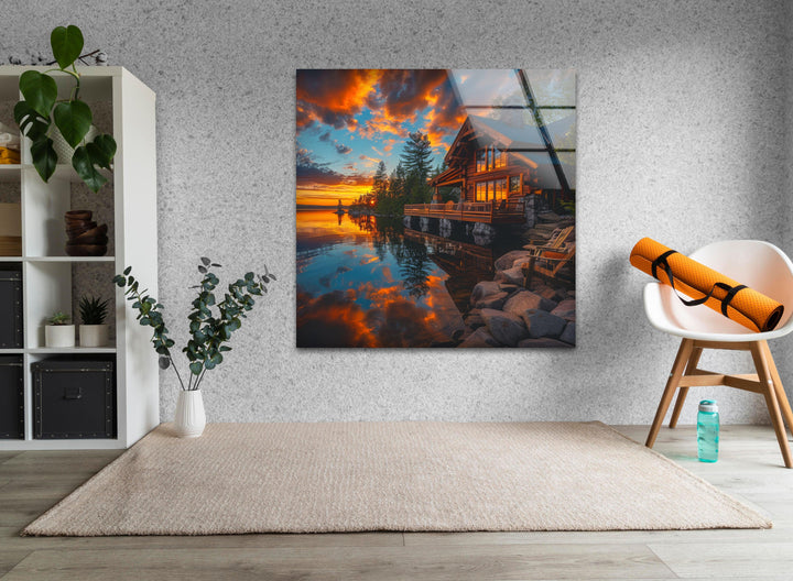 Sunset Landscape Forest House large glass photo prints, glass wall photos
