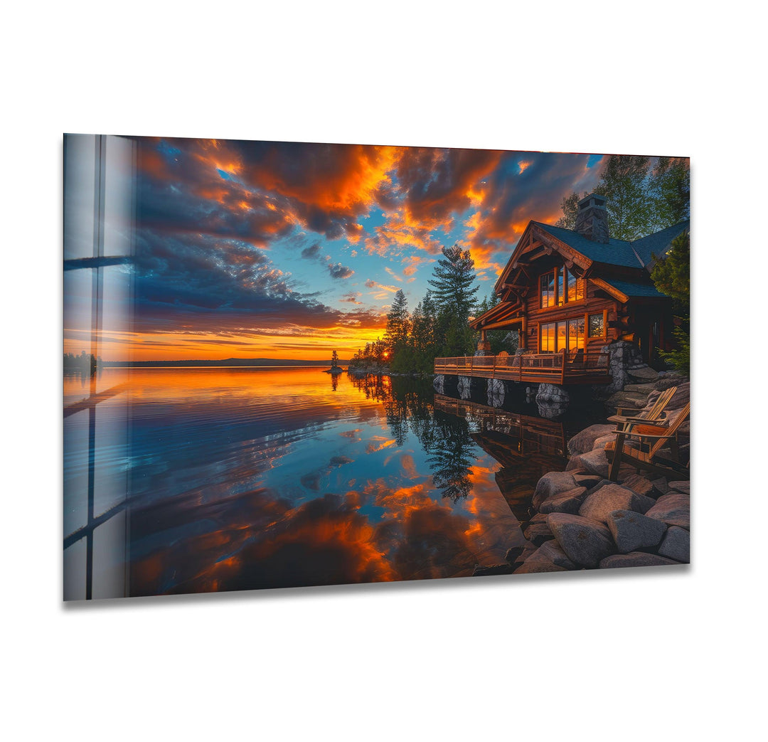 Sunset Landscape Forest House glass pictures for Wall, glass prints wall art
