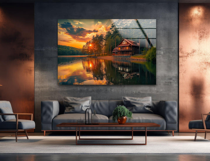 Sunset House Landscape Glass Wall Art glass image printing, glass prints from photos
