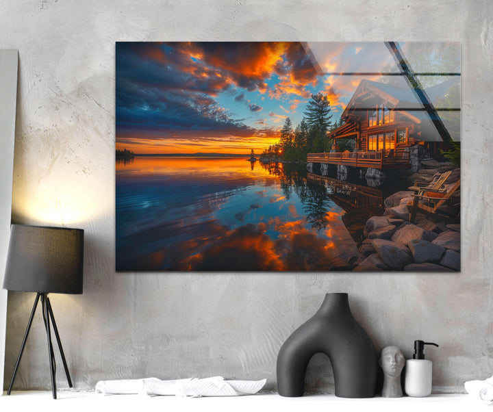 Sunset Landscape Forest House print picture on glass, Tempered Glass Wall Art
