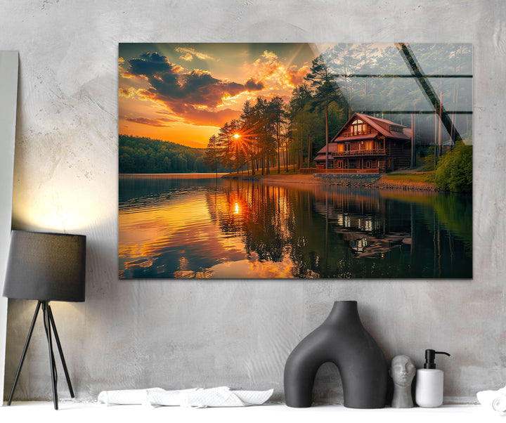 Sunset House Landscape Glass Wall Art glass pictures for Wall, glass prints wall art
