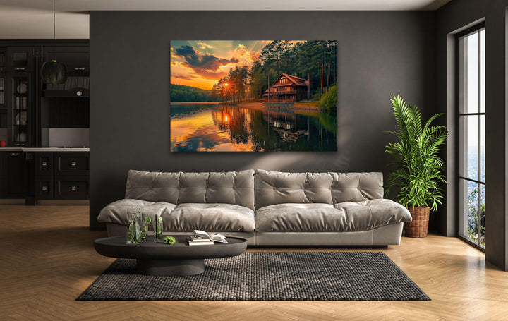 Sunset House Landscape Glass Wall Art Glass Printing Wall Art, Print photos on glass
