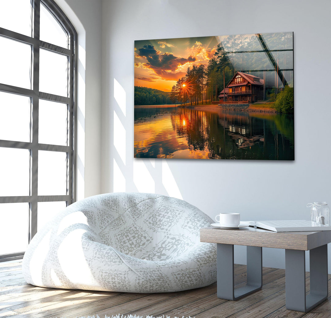 Sunset House Landscape Glass Wall Art photo print on glass, prints on glass wall art
