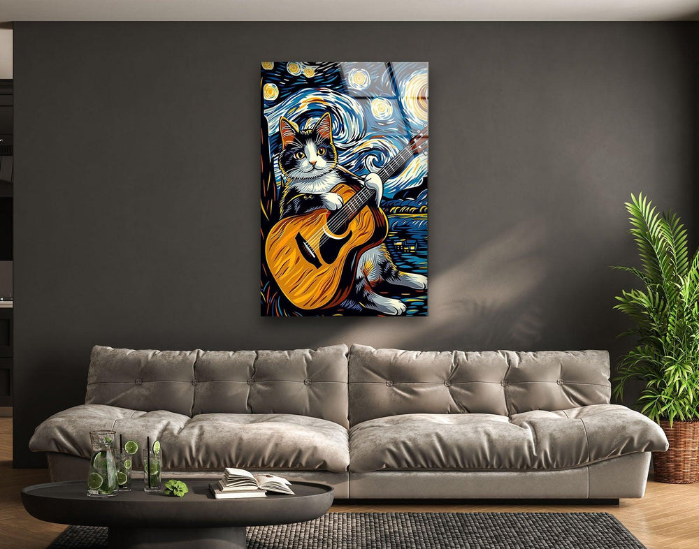 Adorable Cat Playing The Guitar Glass Wall Art stained glass wall art, stained glass wall decor
