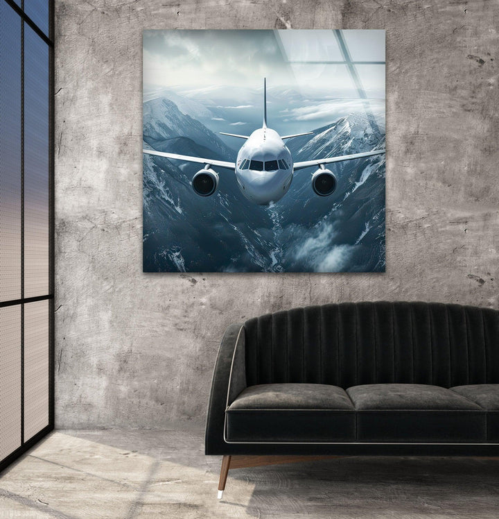 Airplane on Snowy Mountains Glass Wall Art print picture on glass, Tempered Glass Wall Art
