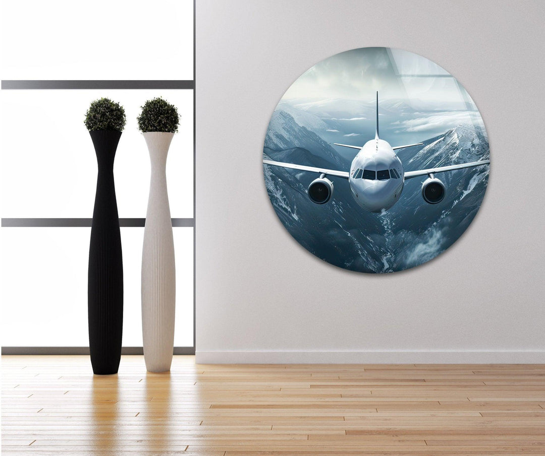 Airplane on Snowy Mountains Glass Wall Art print on glass, glass printed photos
