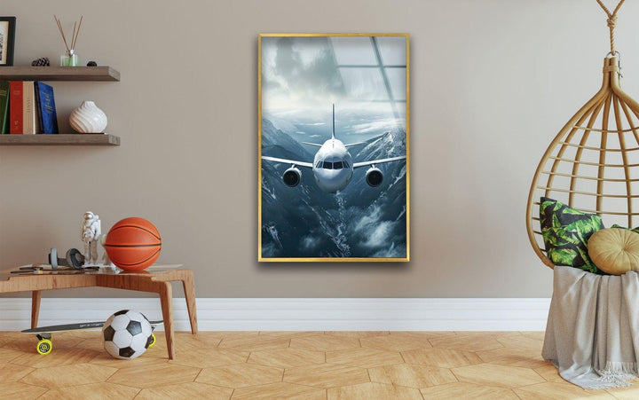 Airplane on Snowy Mountains Glass Wall Art glass photo prints, glass picture prints
