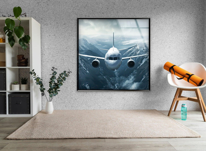 Airplane on Snowy Mountains Glass Wall Art glass wall decor, glass wall art decor
