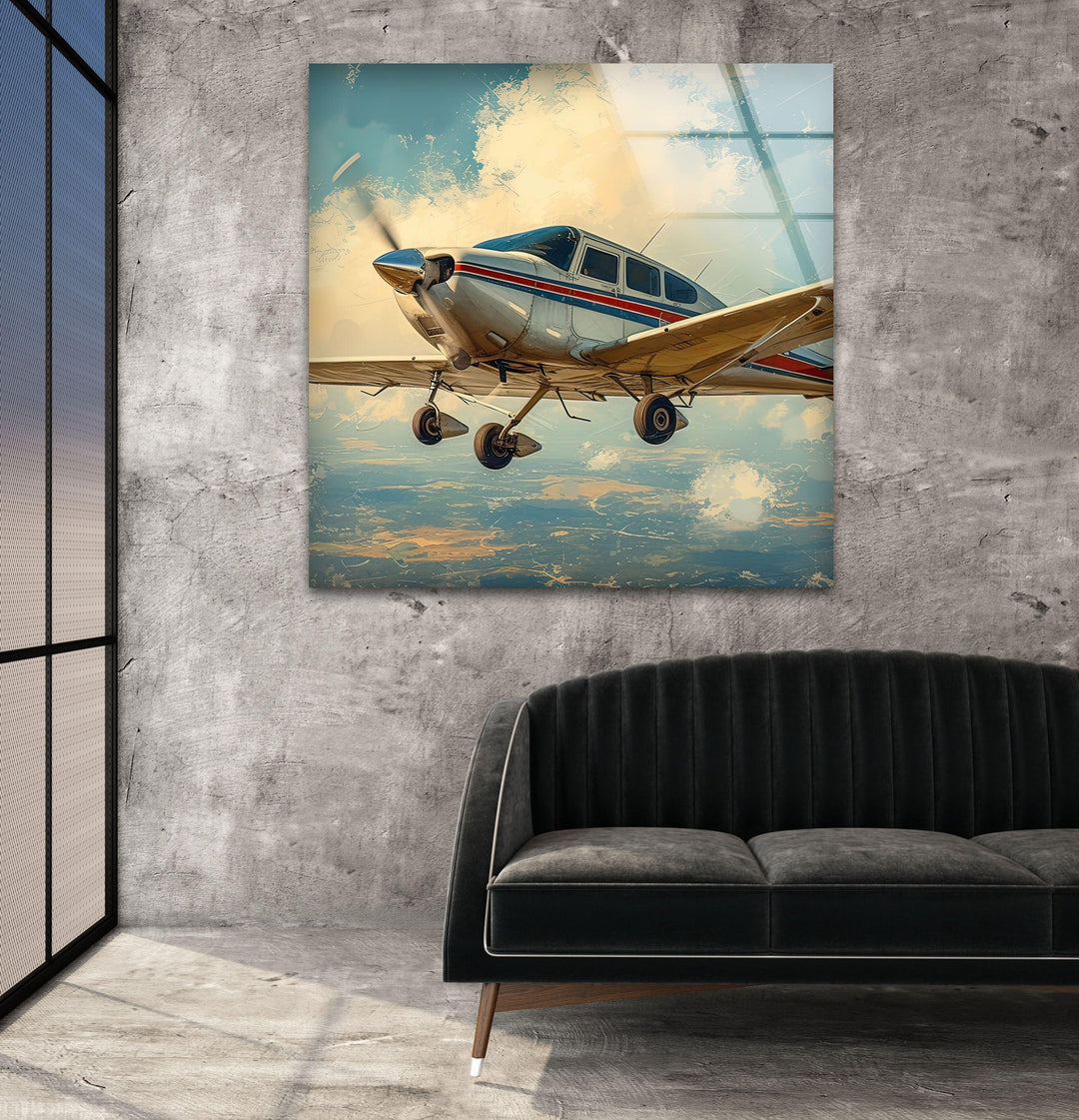 White & Brown Airplane Glass Wall Art custom glass pictures, glass art prints
