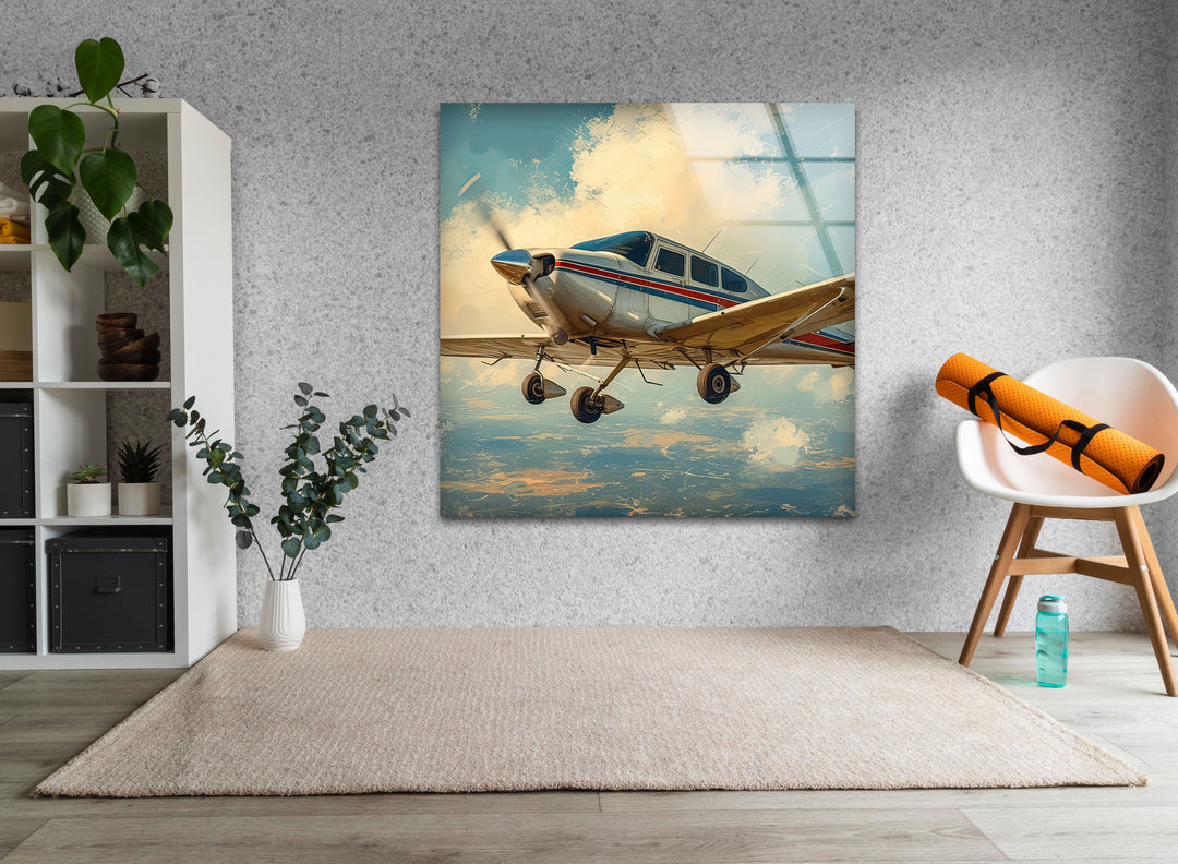 White & Brown Airplane Glass Wall Art photo print on glass, prints on glass wall art
