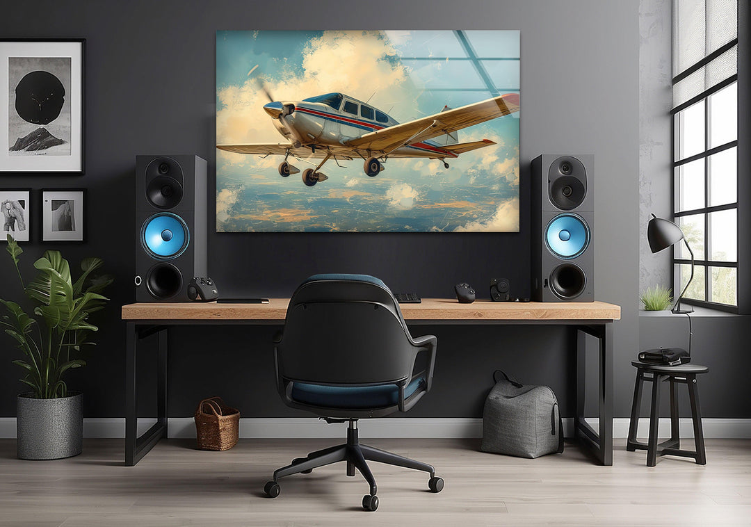 White & Brown Airplane Glass Wall Art custom glass photo prints, large glass prints
