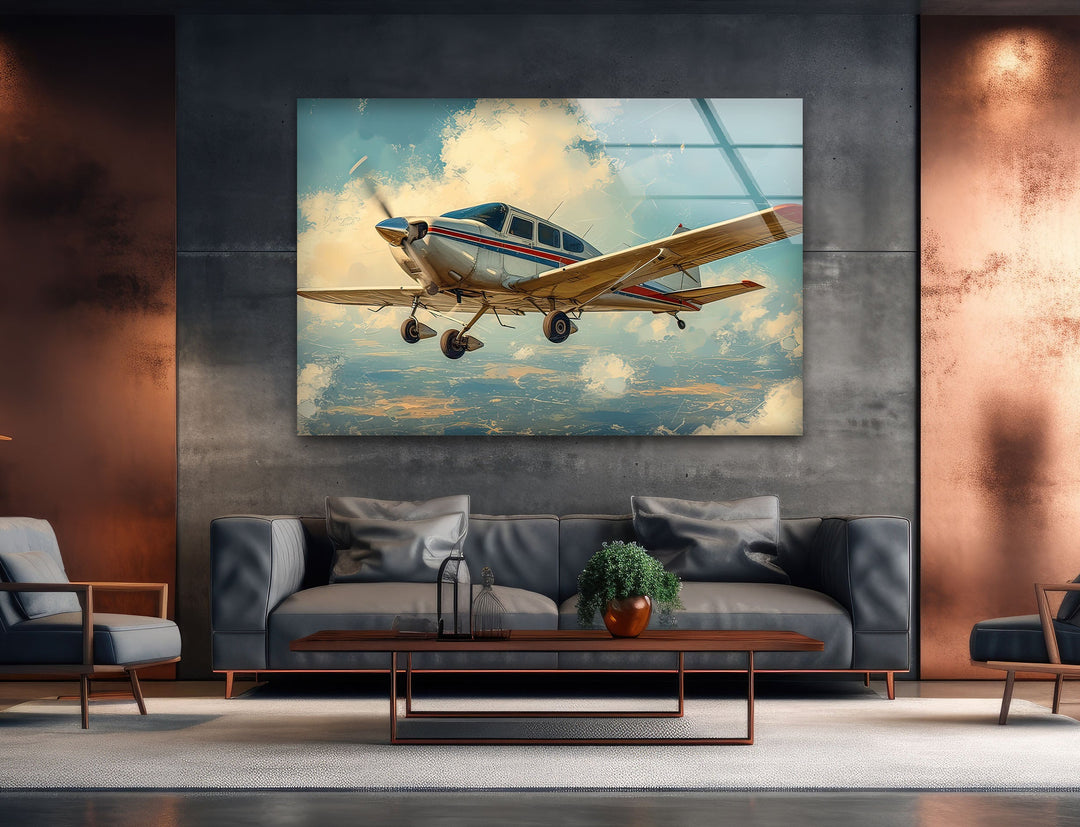 White & Brown Airplane Glass Wall Art picture on glass wall art, photos printed on glass
