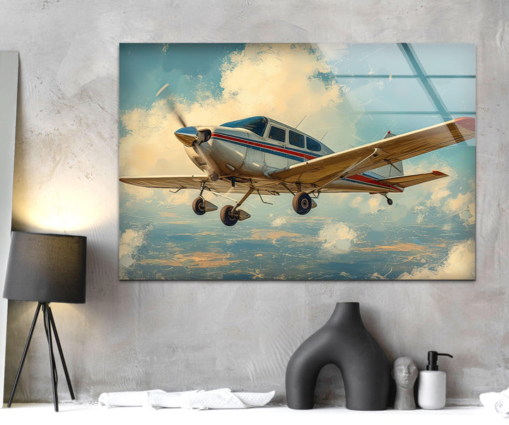 White & Brown Airplane Glass Wall Art print on glass, glass printed photos
