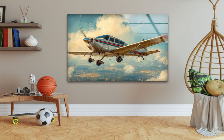 White & Brown Airplane Glass Wall Art print picture on glass, Tempered Glass Wall Art
