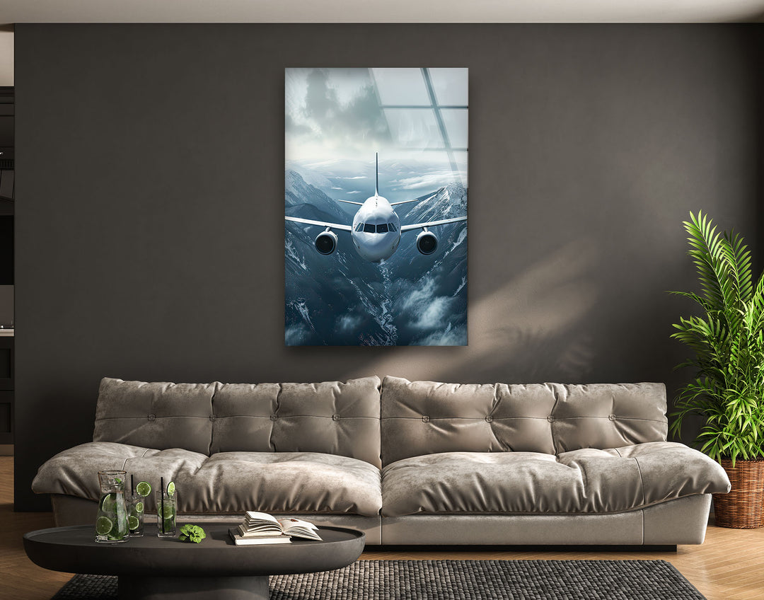 Airplane on Snowy Mountains Glass Wall Art large glass photo prints, glass wall photos
