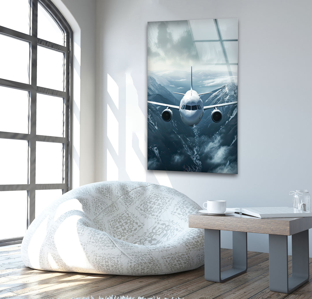 Airplane on Snowy Mountains Glass Wall Art picture on glass wall art, photos printed on glass
